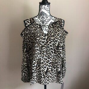 FEVER Animal Print Cold Shoulder Tiered Blouse - Size XS - Black Tan